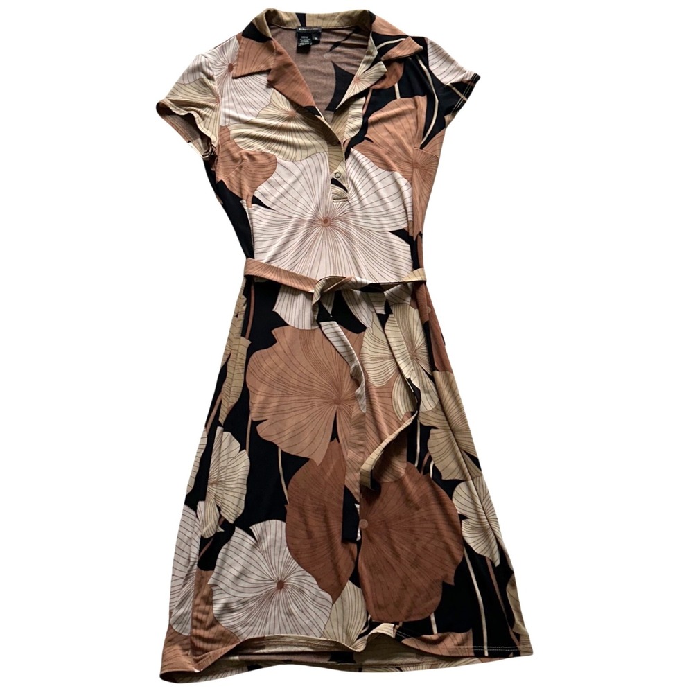 BCBGMaxAzria Black, Brown & Cream Floral Midi Dress